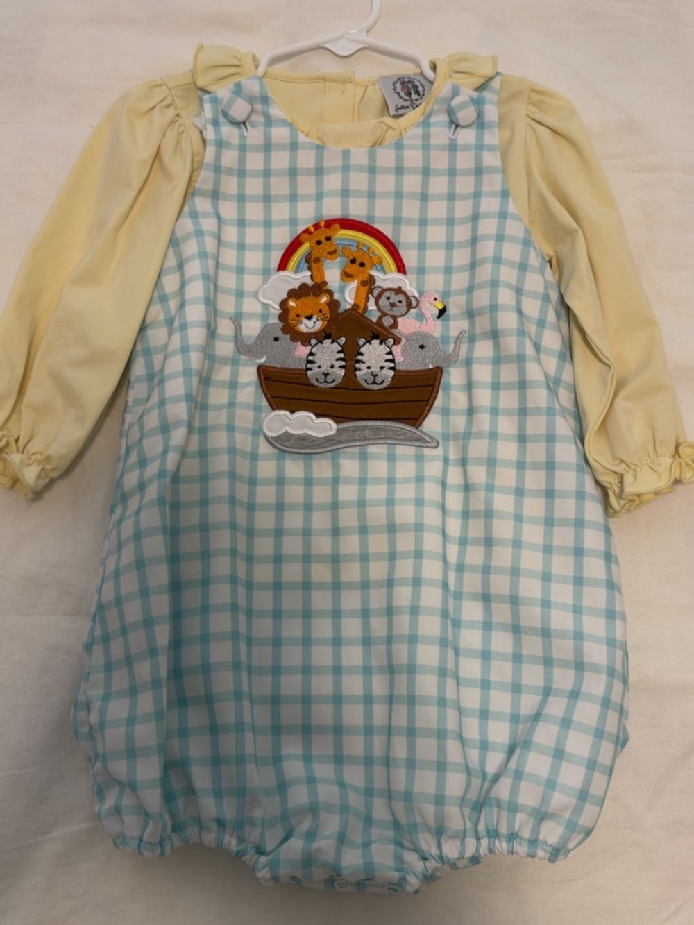 Children's Gingham Noah's Ark Bubble Romper in Light Yellow and Aqua